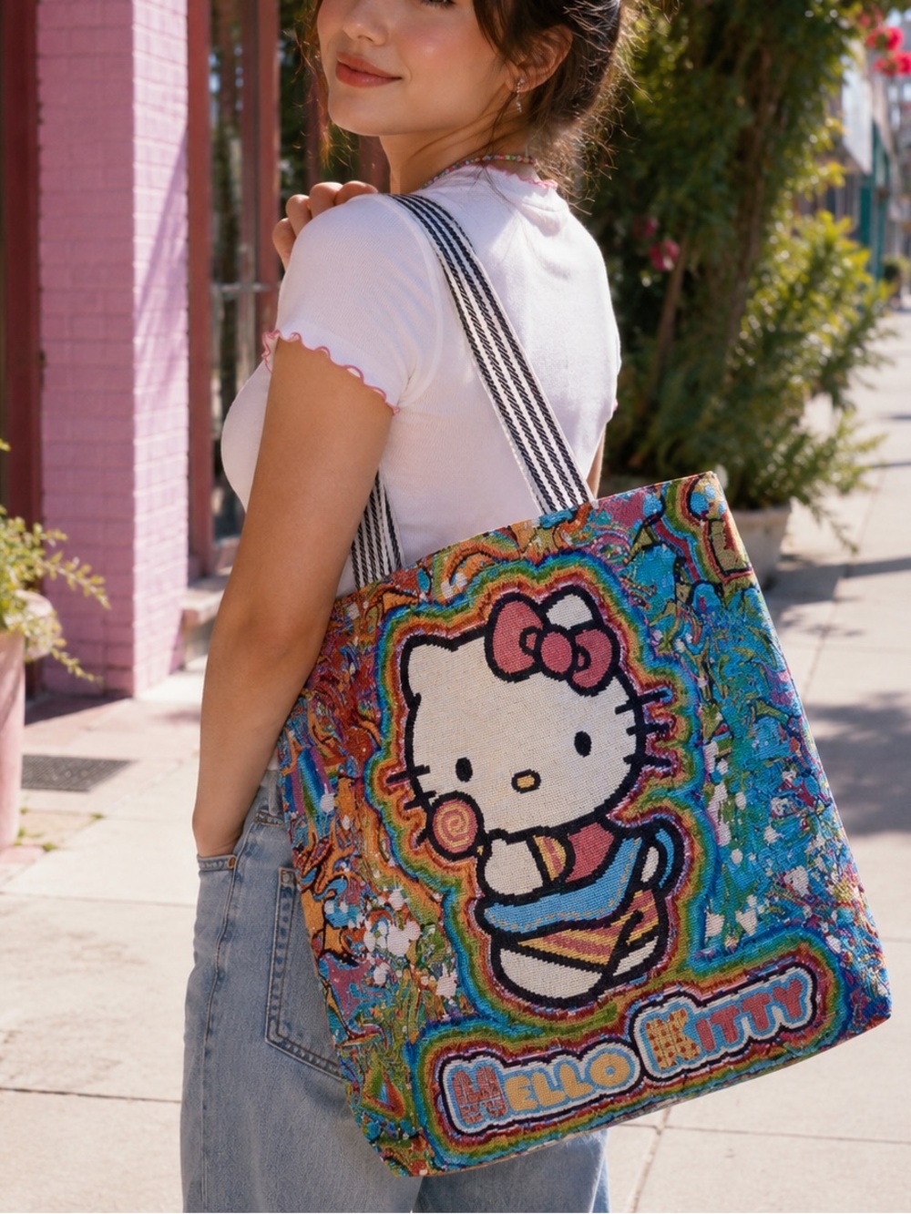 Compass Hello Kitty Rainbow Woven Tote Bag with Striped Straps